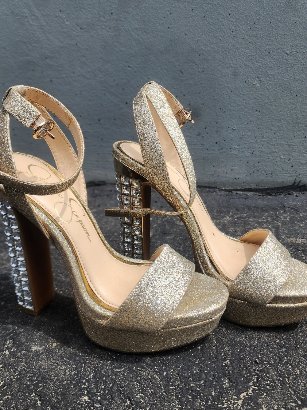 Jessica Simpson Gold Glitter Platform Heels with Crystal Block Heel